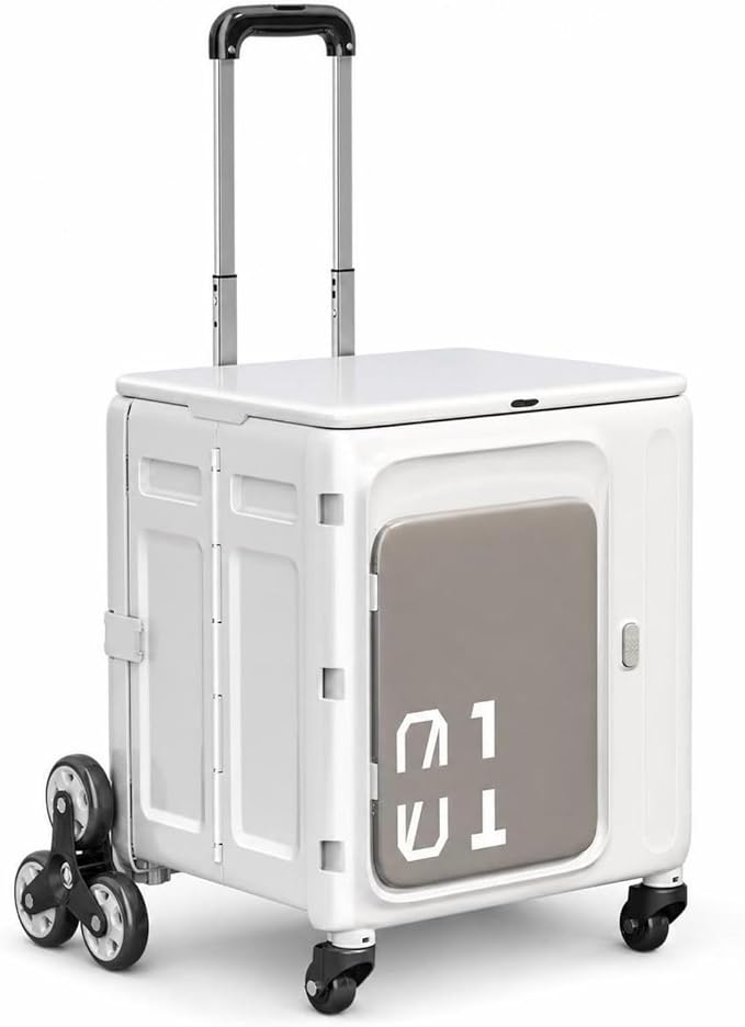Rolling Crate with Lid Portable Foldable Rolling Crate Large Capacity Folding Cart with Wheels for Camping, Outdoor Travel, White Gray