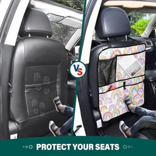 1 Pack Back Seat Car Organizer with Storage Pockets Kick Mats Back Seat Protector Hanging Car Organizer Automotive Seat Back Cover Organizers Gradient Cute Rainbows