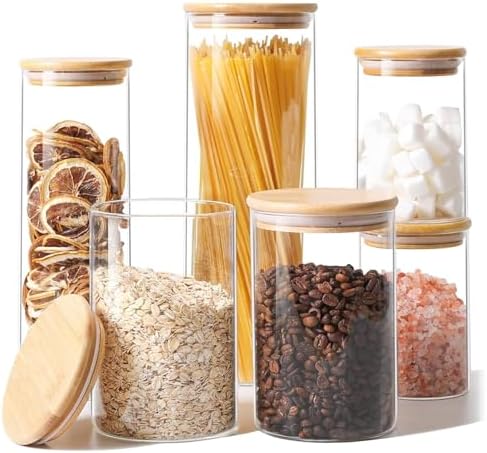 ComSaf Glass Storage Jars 6 Pack, Pasta Containers, Pantry Organization | Tall Glass Jar, Storage Containers Set of 6 (2Qt/1.1Qt/1Qt*2/0.5Qt*2), Kitchen Canisters, Pantry Storage, Spaghetti, BPA Free