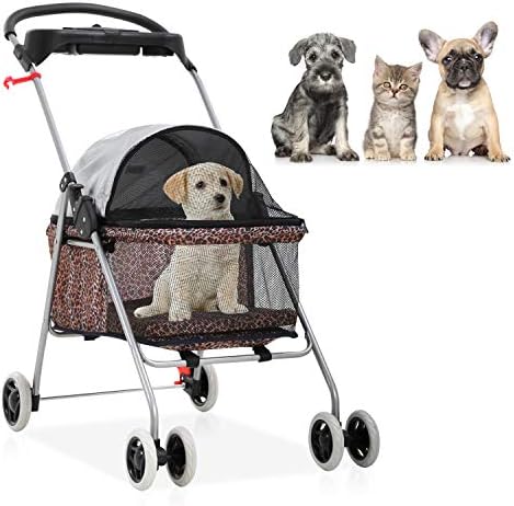 Meet Perfect Pet Stroller for Small/Medium Dogs & Cats, Leopard, Foldable | Waterproof fabric helps protect pets during outdoor travel; Mesh panels provide ventilation and visibility.