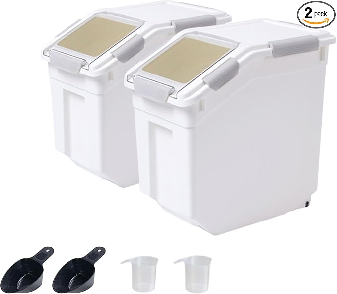 25lb Airtight Flour Storage Container, Cyan | Includes Wheels & Scoop, 2-Pack, for Rice/Grain, Seal Locking Lid