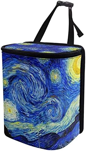 Van Gogh Starry Sky Car Trash Can Car Interior Accessories Organizer Garbage Bag Dustbin Container with Lid Waste Basket Storage Pockets Hanging Vehicle Trash Bin
