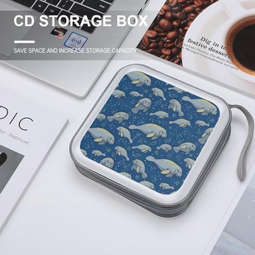 CD Case Storage Organizer Binder Grey Manatees Protective Disc Holder | DVD Wallet for Car Home Office Travel, Cute Funny Grey Manatees, Hard Plastic, Hand Strap, 40 Capacity