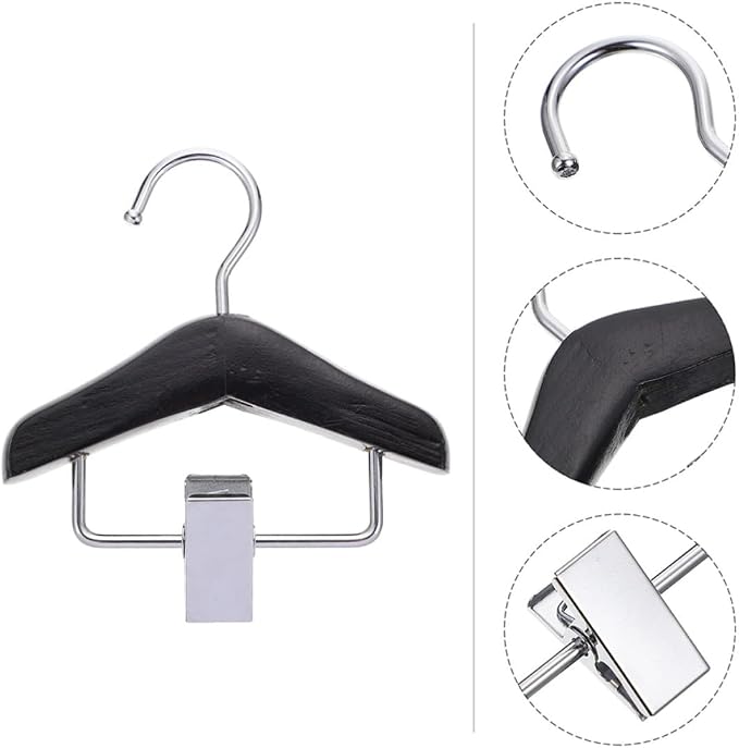 2pcs Pet Clothing Hanger Wooden Clip Pants Rack for Dog Clothes | Black and Brown Finish, Stainless Steel Clamp, Practical Organizer for Hanging Apparel and Keeping Items Sorted