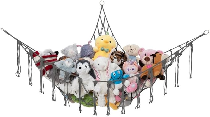 Lilly's Love Stuffed Animal Storage Macrame Hammock, Large - Boho Room Decor Toy Storage - Corner Hanging Plushie Stuffed Animal Net Organizer (Grey)