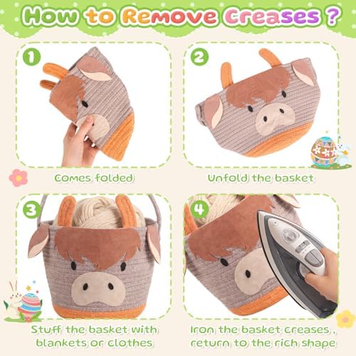 Small Woven Storage Basket with Handle, Cute Cartoon Cow Baskets for Gift Empty, Cotton Rope Storage Basket for Toy Organizer
