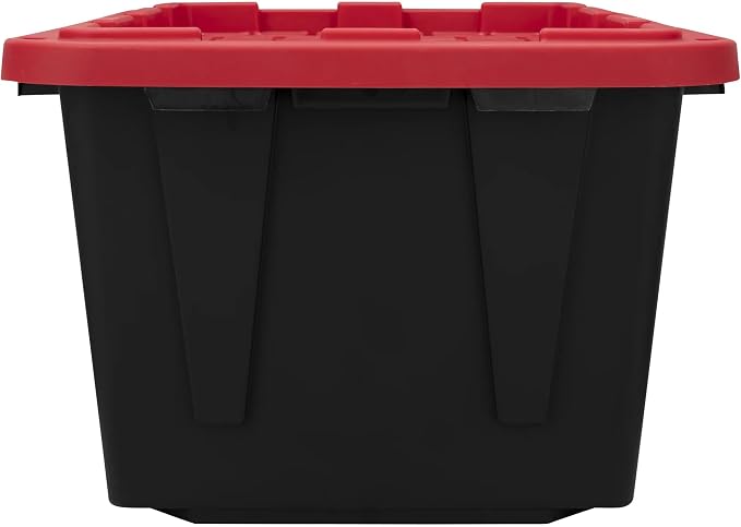 27-Gallon Storage Bin (2-Pack), Large Plastic Storage Container with Secure Snap-On Lid, Tote for Industrial and Home Organization, Black with Red Lid