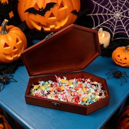 Halloween Coffin Shaped Wood Keepsake Box with Hinged Lid, Multifunctional Candy and Necklace Storage Container for Holiday and Heartfelt Commemorations, Gothic Inspired Brown