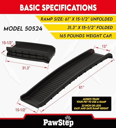 PawStep 61" Folding Pet Ramp, Portable Dog Ramp for Cars, SUVs, Beds & Couches, Lightweight PP Construction, Textured Surface, Optional Carpet for Added Traction, 165 lb Capacity (50524)