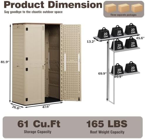 Tall Vertical Outdoor Storage Cabinet with 3-Tier Shelves, 6.8x4 Ft Waterproof Thickened Khaki Resin Storage Shed for Patio, Garden and Garage