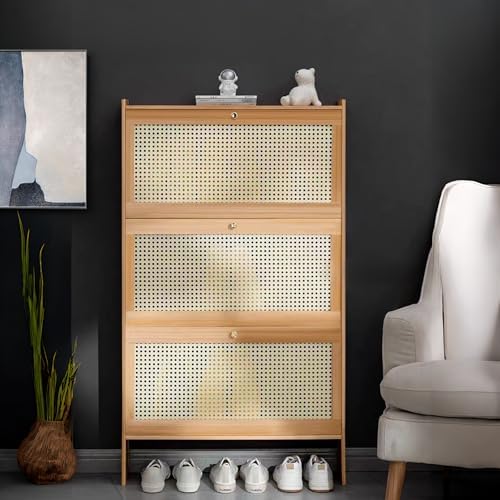 Magshion Narrow Shoe Cabinet for Entryway Slim Thin Bamboo Freestanding Shoe Storage with Flip Drawers for Hallway, Living Room (Natural, 47.5" x 27" x 7")
