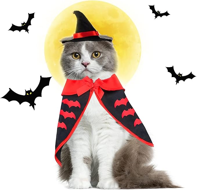 Estivaux Pet Halloween Costumes Dogs Cats Halloween Vampire Pets Costume Cape with Black Red Witch Hat Wizard Cats Cosplay Clothes Apparel for Small Dogs Cats Halloween Party Decorations