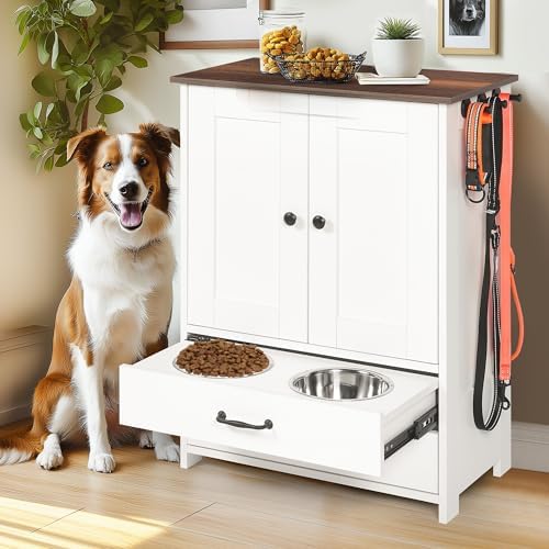 Dog Feeding Station with Double Door Locker, 2 Dog Bowls, 3 Hooks, Dog Food Storage Cabinet, Cat Feeding Dtation, Space-Saving Pet Food Storage Organizer for Indoor Outdoor, White