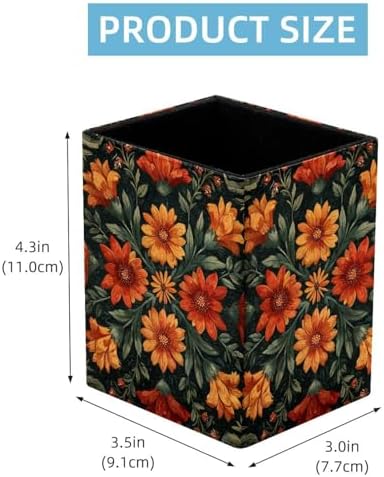 Artistic Flower Pen Holder for Desk Decor, Rectangular PVC Leather Pencil Cup for Desk Pen Organizer, Makeup Brush Holder for School, Home, Office