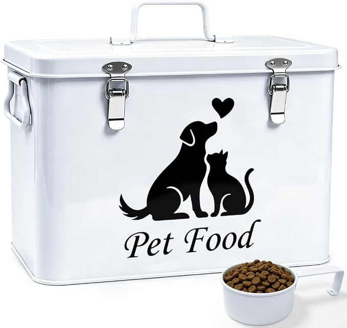 Vivifying Airtight Metal Dog Food Storage Container with Scoop, Up to 13 lb | Sealing Ring and Double Locks Keep Dog Treats, Cat Treats, Cookies and Dry Pet Food Fresh, Secure and Organized, White