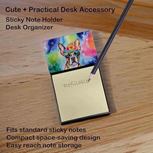 Caroline's Treasures Boston Terrier Hippie Dawg Sticky Note Holder Refillable Dispenser Self-Sticky Note Pads, Memo Pads Blank Desk Accessories