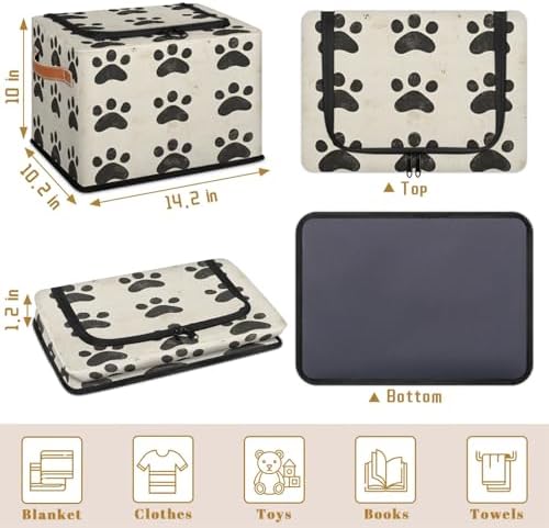 Dog Paw Storage Bins with Zipper Lid Animal Footprint Foldable Fabric Organizer Box with Handles Rectangular Closet Clothes Organizer Containers