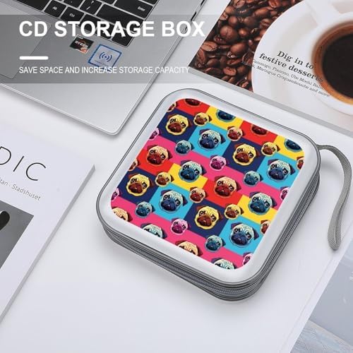 Hard Shell DVD CD Organizer Love Pug Dog, 40-Disc Storage Binder with Zipper Closure, Portable Protective Case for Travel Home