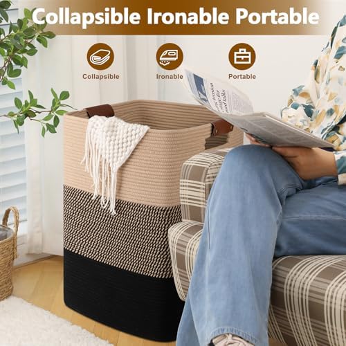 Laundry Hamper 96L Extra Large Laundry Basket, Woven Blanket Basket | Cotton Woven Storage Hamper with Handles for Living Room, Large Baskets for Pillows, Blankets, Clothes-Black & Yellow