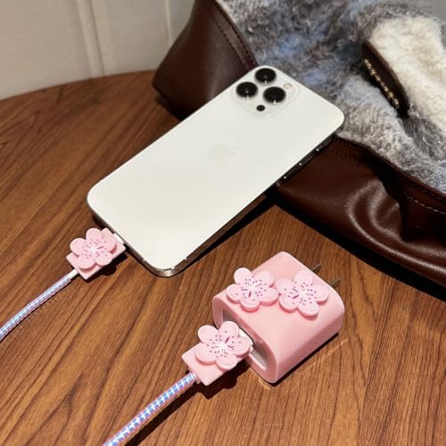 Cute Flowers Cable Protector for iPhone Charger Cover,3D Floral Cherry Buds Blossoms Charger Cord Protector for Women Girl,DIY Phone Cord Protector Charger Accessories for iPhone 14 15 16 Plus Pro Max