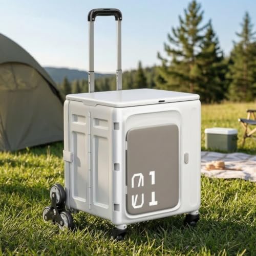 Rolling Crate with Lid Foldable Rolling Crate Lightweight Trolley with Lid for Camp, White Gray