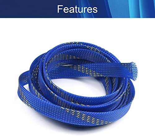 Jutagoss PET Expandable Braided Cable Sleeve, 16.4ft - 11/16 inch Blue Gold Cable Management Sleeve, Wire Loom Tube Cord Protector for USB Cable, Power Cord, Audio Video and More, 1Pc