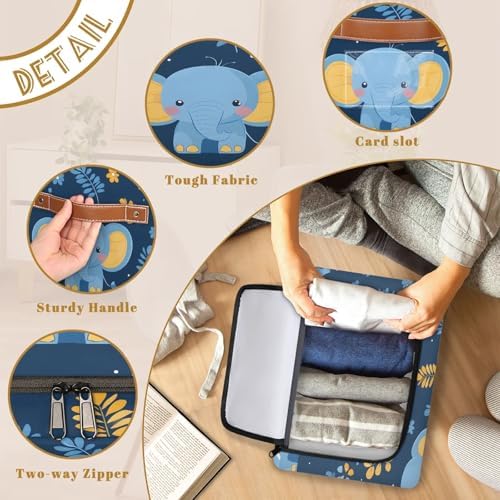 Blue Elephant Storage Bins with Zipper Lid Foldable Fabric Organizer Box with Handles Rectangular Closet Clothes Organizer Containers