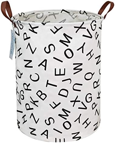 Round Laundry Basket Collapsible Storage Hamper Organizer Alphabet | Waterproof Canvas Foldable Baskets with sturdy Handles Multi-scene Organizer for Home Play Bedroom Gift Bin