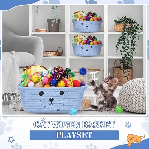 Zopeal 58 Pcs Summer Cat Storage Basket Gift Toys Set, Colorful Flashing Balls Pet Bell Crinkle Balls Spring Toys Attract Cat to Swat, Hunt, Interactive for Pet(Light Blue,9.8 Inch)