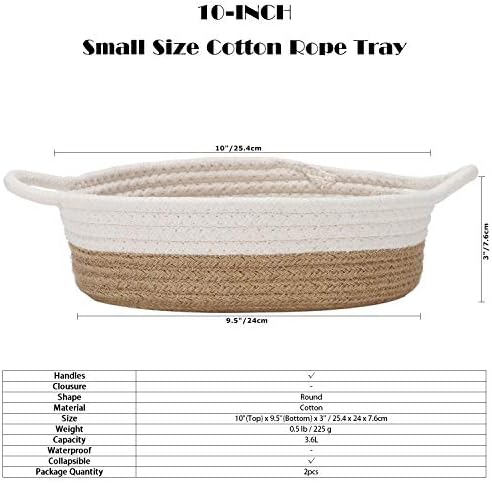 Sea Team 2-Pack Compact Woven Cotton Rope Storage Baskets, Flaxen | Knitted Decorative Organizer Bins with Handles, Portable Round Containers for Small Items, Keys, Makeup, Jewelry, Trinkets