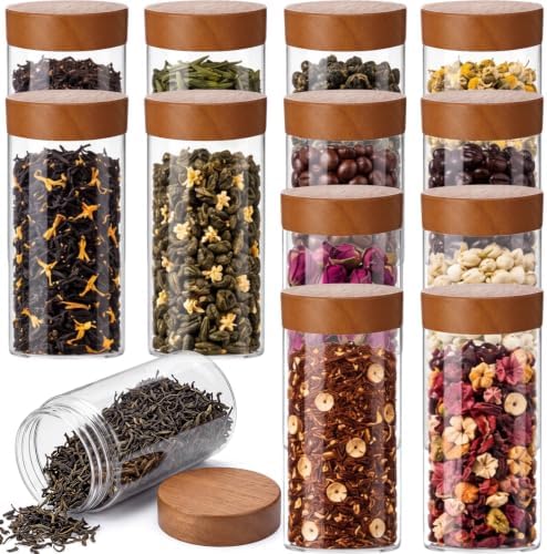 Suclain 12 Pack 15oz Clear Tea Storage Containers with Airtight Lids 15oz Plastic Food Storage Jar with Acacia Wood Lids for Loose Tea Coffee Sugar Candy Herbs and Spices