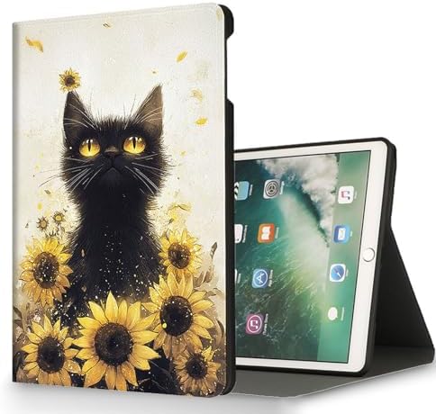 for Microsoft Surface Pro 7 Plus,Surface Pro 7/6/5/4 12.3" Tablet Case,Auto Wake/Sleep,Adjustable Stand Protective Cover - Black Cat Sunflower