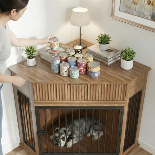 Corner Dog Crate Furniture with Drawer, White, Wood and Metal, TV Stand, Small to Medium Dogs (Walnut Finish + MDF+Steel)