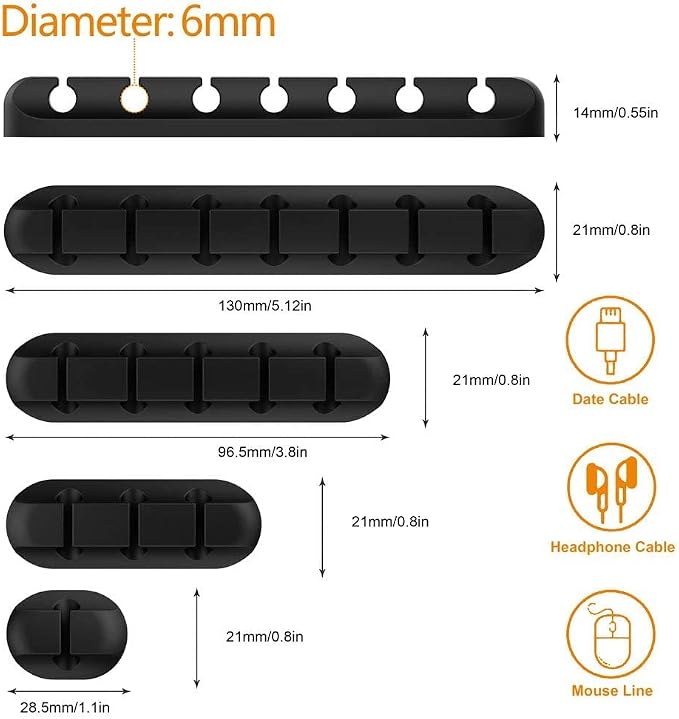TviewSmart Cord Organizer for Desk, 5 Pack Cord Holders, Cable Clips, Black | Silicone cable management clips self adhesive for nightstand and charger, 7-5-3-1-1 slots hold USB and phone cords up to 6 mm