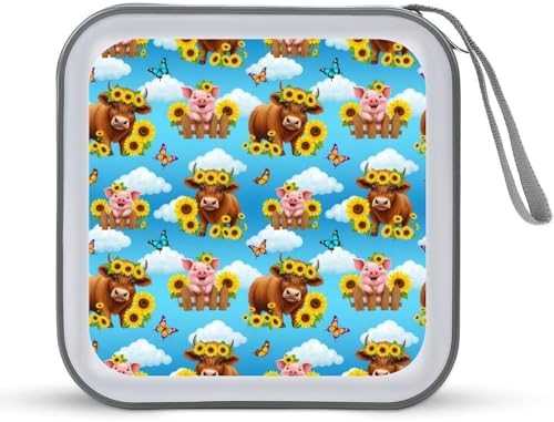 Hard Plastic 40-Disc Storage Binder Sunflower Butterflies Highland Cow Pig, Protective CD/DVD Wallet with Zipper, Portable Organizer for Movies Music