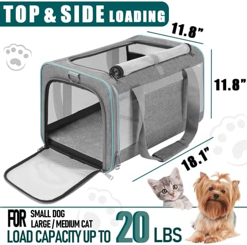 GAPZER Large Cat Carrier Soft, Collapsible Travel Pet Carry Bag, Small Dogs | Large Cats up to 20 lbs+ Maine Coon, Top Load Transport Small Puppy Dog Crate, Chihuahua Mini Dog 10lbs, Sturdy Mesh Grey