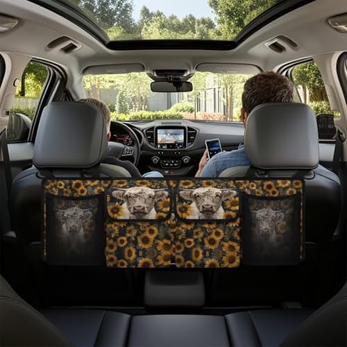 Highland Cow Sunflower Car Trunk Organizer Hanging Car Backseat Storage Bag Waterproof Collapsible Cargo Bag with 4 Pouches Trunk Storage and Decorative Accessories
