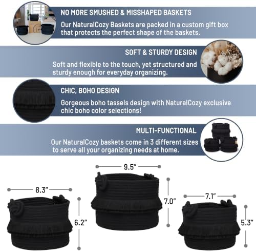 NaturalCozy 3-Piece Decorative Storage Basket Set – Black Cotton Rope Small Woven Baskets for Organizing for Nursery Baby Stuff, Gift, Vanity, Montessori, Dog Cat Toy Bin, Planter, Bathroom Shelves