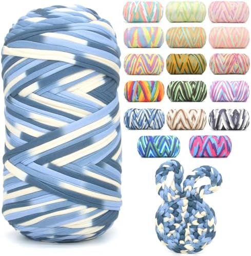 400g Tshirt Yarn for Crochet,Rainbow T Shirt Soft Elastic Fabric Chunky Thick T-Shirt Crochet Yarn for Crocheting Knitting Beginner Hand Knitting for Bag/DIY Craft/Home Decor-Blue White