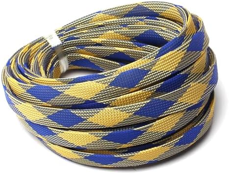 Jutagoss PET Expandable Braided Cable Sleeve, 32.8ft - 9/16 inch Blue Yellow Cable Management Sleeve, Wire Loom Tube Cord Protector for USB Cable, Power Cord, Audio Video and More, 1Pc
