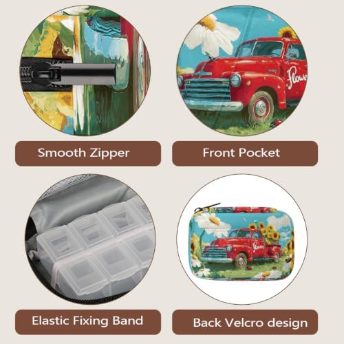 Travel Pill Organizer Vintage Red Truck Flower Small Pill Case
