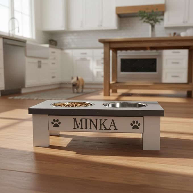 Personalized Dog Bowls Stand for Small Dogs, Wood Elevated Feeding Station | Farmhouse Style, Stainless Steel Dishwasher Safe Bowls, Raised Anti-Slip Feeder, Made in USA