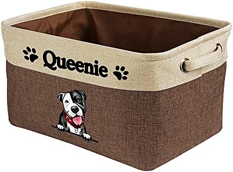 Custom Fabric Dog Toy Storage Basket with My Love Dog Pit Bull Collapsible Sturdy Fabric Pet Toys Storage Bin Cube with Handles for Organizing, Brown and White