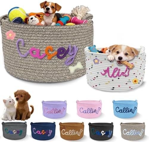 Personalized Dog Toy Basket with Embroidery Name Custom Cotton Rope Pet Storage Bin for Toys Treats Large Capacity Storage Bin with Handle Home Organizer & Pet Gift