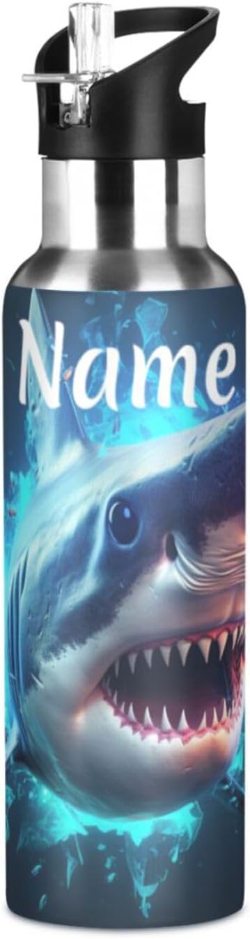 Custom Name Blue Shark Water Bottle with Straw Lid Kids Insulated Stainless Steel Water Flask Sports, 20 Oz Hot Cold