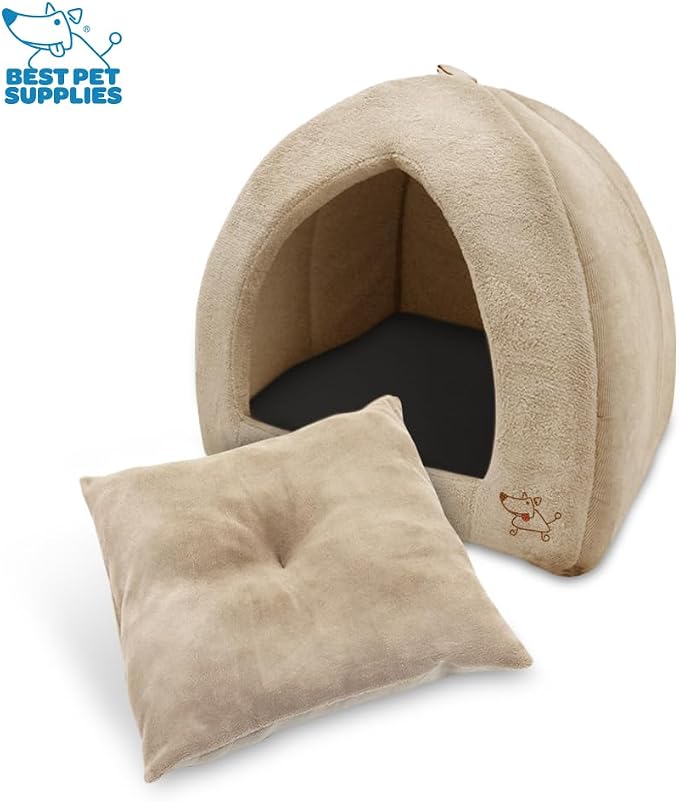 Best Pet Supplies Cat Bed for Indoor Cat, Domed Tent House with Removable Pillow, Covered Cat Cave for Small Dog, Puppies and All Breeds of Cats - Tan, 19 x 19 x H:19"