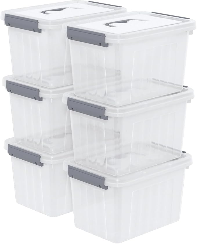 6 Quart Small Latching Bin with Lid, Plastic Storage Box, 6-Pack | Clear Plastic Tote Containers with Handle