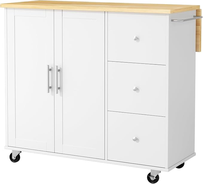 Mobile Kitchen Island on Wheels, Rolling Storage Cart with Drawers, White | 40" Rolling Kitchen Cart , Portable Utility Cart with Locking Casters, for Small Kitchens & Dining Rooms
