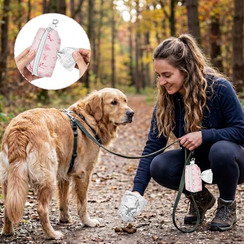 Dog Waste Bag Dispenser with Zippered Pouch, Durable Polyester Dog Poop Bag Holder for Leashes, Portable Lightweight Pink Bow Pet Doggy Waste Bag Holder