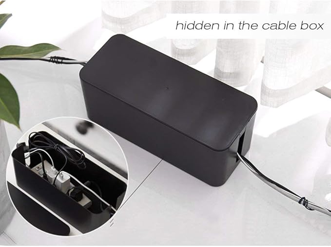 Cable Management Box Organizer, Pack of 2 Wire Concealer to Cover Hide Surge Protector & Power Strip on Desk Floor, with 5 Cord Fastening Tapes for Office, Home, Kitchen (Luxury Black)